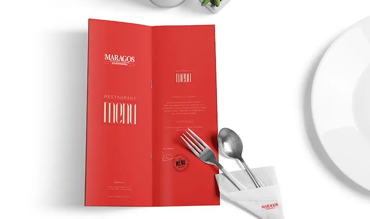 Τα έντυπα εστίασης μπορεί να είναι μονόφυλλα δίπτυχα, τρίπτυχα, ή πολυσέλιδα, μπροσούρες με καρφίτσα, δερματόδετα, με σκληρό ή μαλακό κάλυμμα, και με πολλές άλλες επιλογές,που μπορούν να συνδυάσουν τη χρήση διαφορετικών υλικών μεταξύ τους, και στοιχεία για διαφήμιση κι ενημέρωση. | MARAGOS
