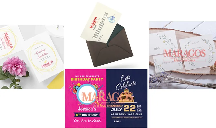Αναλαμβάνουμε σχεδιασμό κι εκτύπωση προσκλήσεων. Έχοντας προσκλήσεις εντυπωσιακές και μοναδικές, προσαρμοσμένες στις ανάγκες σας, διασφαλίζετε την επιτυχία κάθε εκδήλωσης. | MARAGOS